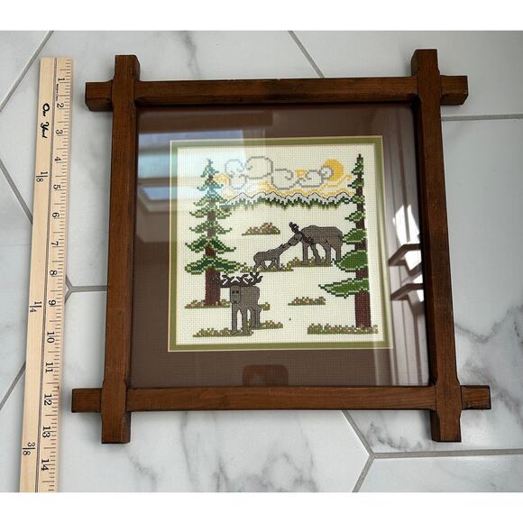 Cross Stitch Moose Family in Forest‎ 11" X 11" Vintage Completed Framed & Matted - Picture 4 of 5